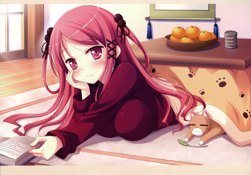 1girl =.w.= book breasts cat cattail cropped_jacket food fruit head_rest highres hinomiya_ayari kotatsu ko~cha on_stomach orange plant reading red_eyes redhead table tagme witch's_garden