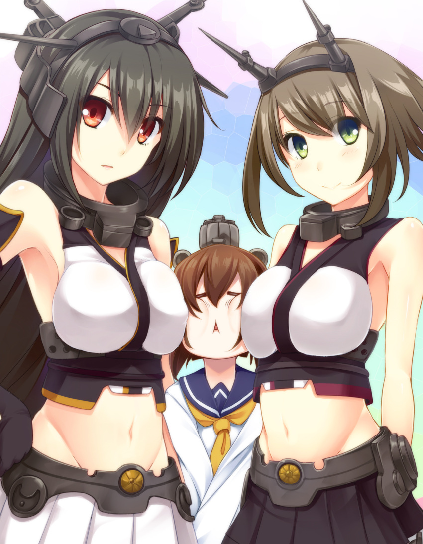 3girls armpits between_breasts black_hair breasts brown_eyes brown_hair gloves green_eyes hairband head_between_breasts headgear highres kantai_collection large_breasts looking_at_viewer machinery midriff mound_of_venus multiple_girls mutsu_(kantai_collection) nagato_(kantai_collection) navel personification pinkarage sailor_dress smile triangle_mouth yukikaze_(kantai_collection)
