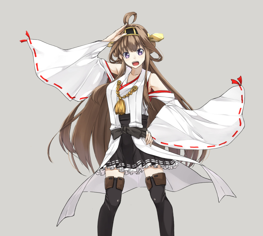 1girl ahoge bare_shoulders blush boots brown_hair detached_sleeves double_bun frilled_skirt gloves hairband japanese_clothes kantai_collection kongou_(kantai_collection) long_hair looking_at_viewer open_mouth personification ribbon_trim skirt solo thigh_boots thighhighs violet_eyes wide_sleeves yuki_(nanao_yuki) zettai_ryouiki