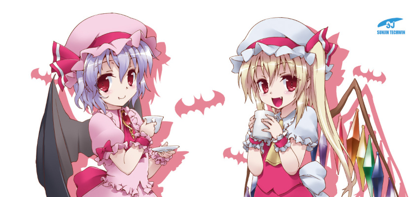 2girls bat blonde_hair bow byeontae_jagga coffee_mug cup fang flandre_scarlet hat hat_bow lavender_hair mob_cap multiple_girls open_mouth red_eyes remilia_scarlet saucer side_ponytail simple_background teacup touhou white_background wings wrist_cuffs