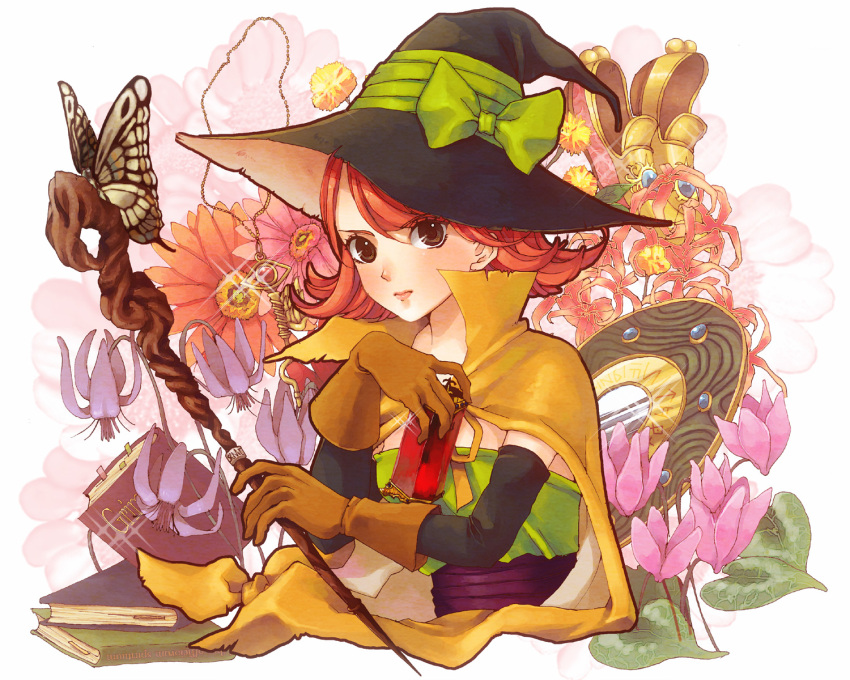 1girl blush book brown_eyes bust butterfly dragon_quest dragon_quest_iii elbow_gloves flower gloves grimoire hat hat_ribbon highres key mage_(dq3) merami mirror pink_hair ribbon shoes short_hair solo staff witch_hat