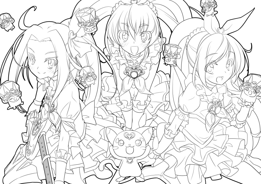 3girls absurdres blush boots brooch choker cure_beat cure_melody cure_rhythm dory electric_guitar fairy_tone fary guitar heart highres houjou_hibiki hummy_(suite_precure) instrument jewelry kurokawa_eren lary lineart long_hair looking_at_viewer love_guitar_rod magical_girl midriff minamino_kanade miry monochrome mtu_(orewamuzituda) multiple_girls navel open_mouth precure rery seiren_(suite_precure) side_ponytail skirt smile sory suite_precure thigh-highs thigh_boots tiry twintails
