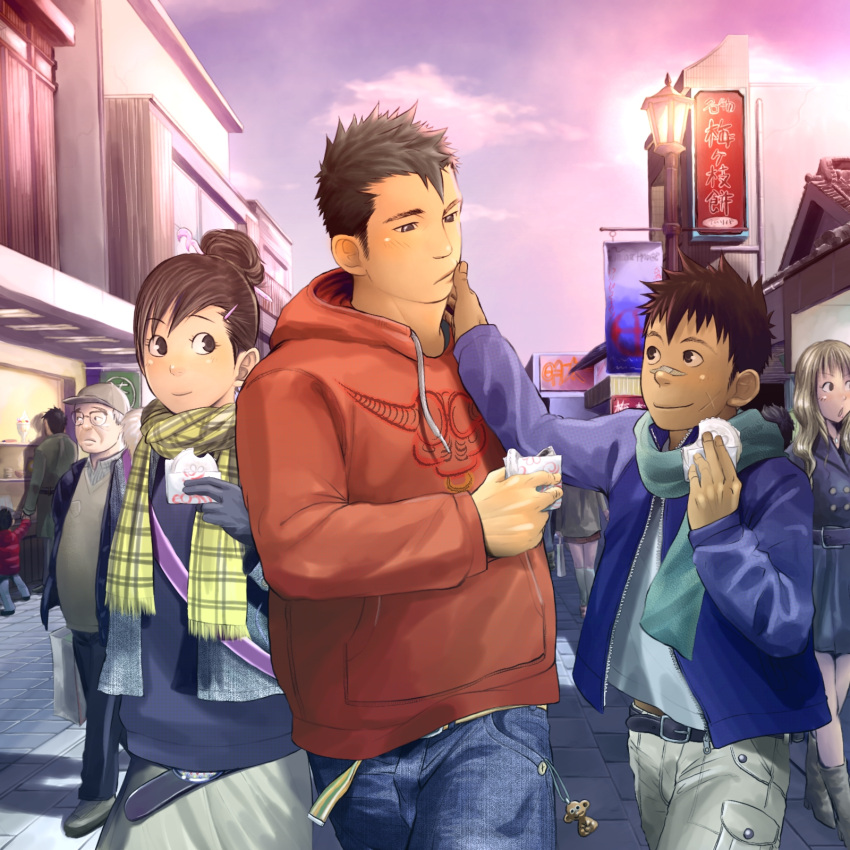 2girls 3boys bandaid bandaid_on_nose brown_hair gloves hand_on_another's_face height_difference highres hoodie itto_(mentaiko) jacket multiple_boys multiple_girls original scar scarf short_hair