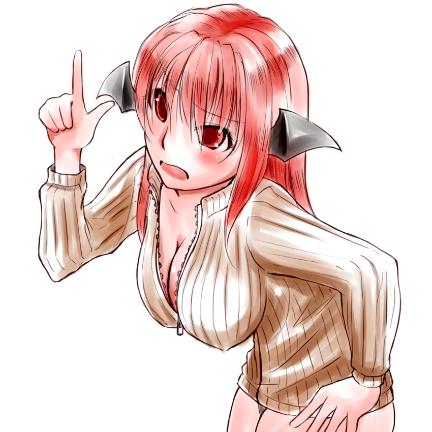 1girl breasts cleavage commentary_request head_wings hideki_(itsuki_xx) highres koakuma large_breasts leaning_forward long_hair naked_sweater pointing pointing_up red_eyes redhead sweater touhou unzipped