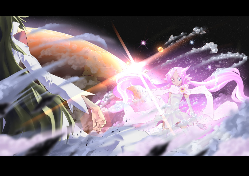 1boy 1girl blue_eyes brooch clouds dune_(heartcatch_precure!) gloves green_hair heartcatch_precure! highres jewelry long_hair mugen_silhouette nukosann pink_hair planet precure scarf skirt smile thigh-highs twintails