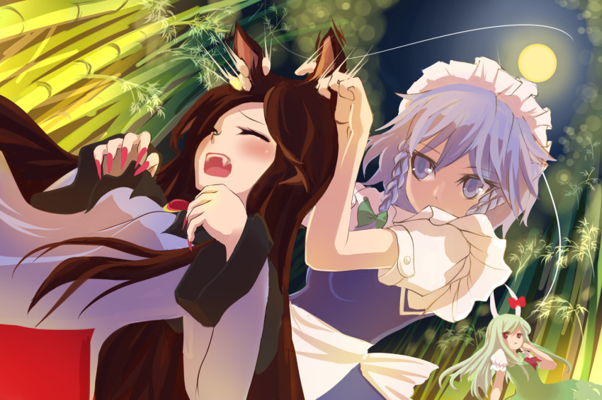 3girls :&lt; animal_ears apron bamboo bamboo_forest blue_eyes bow braid brooch brown_hair closed_eyes covering_mouth dutch_angle ear_pull ex-keine fang fingernails forest full_moon green_hair hair_bow hand_in_hair horn_ribbon horns imaizumi_kagerou izayoi_sakuya jewelry kamishirasawa_keine layered_dress leaf leaning_back light_particles light_trail long_fingernails long_hair long_sleeves looking_at_another maid_headdress moon motion_lines multiple_girls nature night night_sky open_mouth purua_(eriusandvioletta) red_eyes ribbon sharp_fingernails short_hair short_sleeves silver_hair sky touhou twin_braids waist_apron wolf_ears