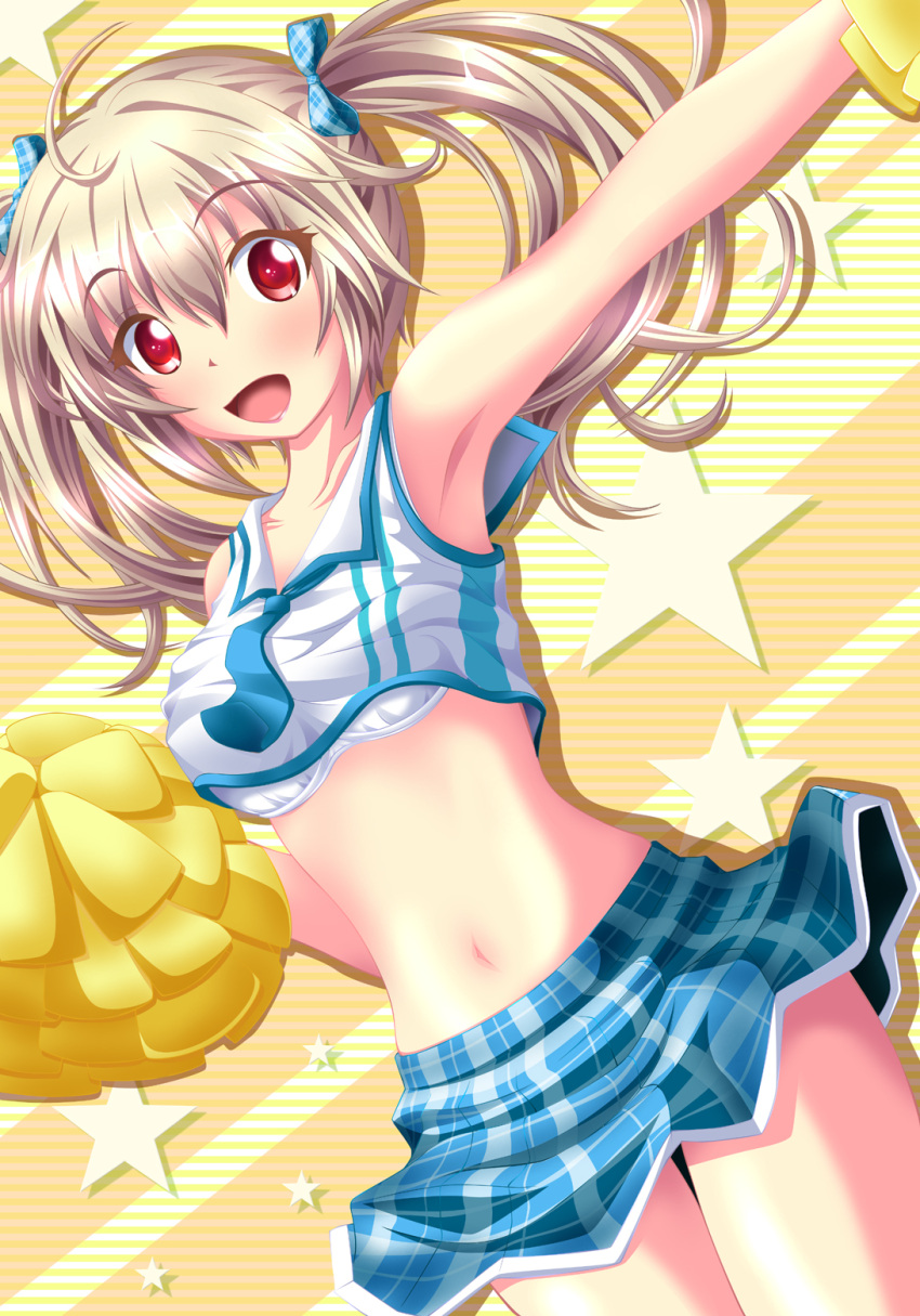 1girl armpits blonde_hair bra cheerleader hair_ribbon highres long_hair looking_at_viewer midriff navel neats open_mouth original outstretched_arm pom_poms red_eyes ribbon shirt skirt smile solo star twintails underwear upshirt white_bra