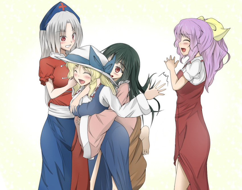 4girls ^_^ arm_around_neck arm_up barefoot black_hair blonde_hair blush breasts closed_eyes dress grin hair_ribbon hand_in_hair hand_on_another's_chest hat hat_ribbon houraisan_kaguya hug hug_from_behind lavender_hair leg_up long_hair looking_at_another multiple_girls nurse_cap open_mouth ponytail puffy_short_sleeves puffy_sleeves red_eyes ribbon sash shamisen_(syami_sen) short_sleeves silver_hair simple_background smile touhou very_long_hair watatsuki_no_toyohime watatsuki_no_yorihime white_background yagokoro_eirin