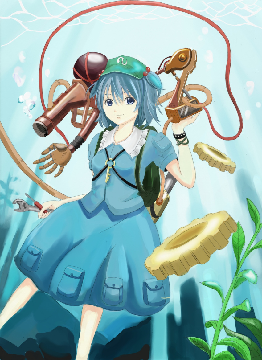 1girl adjustable_wrench backpack bag blue_eyes blue_hair bracelet bubble dress extra_arms gears hair_bobbles hair_ornament hat heisotsu_(otanushi) highres jewelry kawashiro_nitori key looking_at_viewer machine mechanical_arm plant pocket screwdriver shirt short_hair short_sleeves skirt skirt_set smile solo tools touhou twintails underwater weapon wet wet_clothes wrench