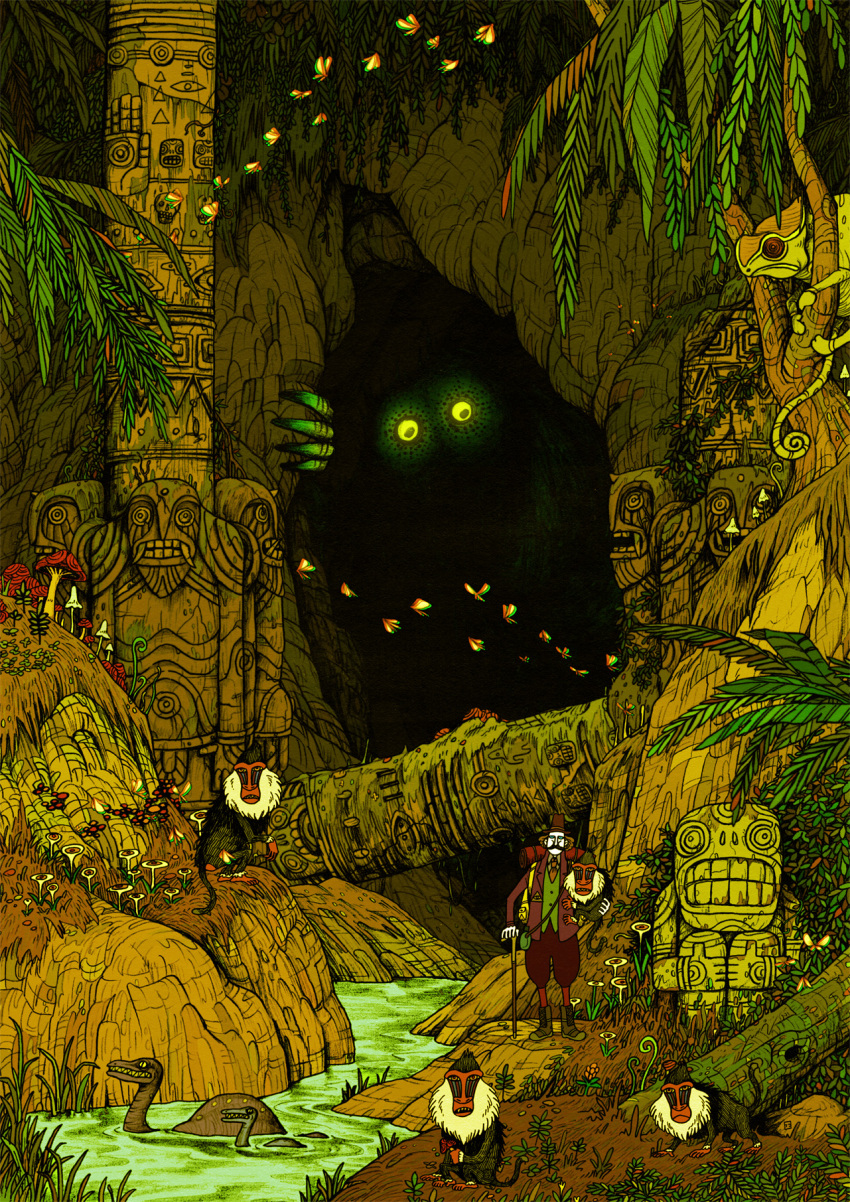 1boy cave chameleon dinosaur fern forest giant_monster glowing glowing_eyes highres idol insect monkey monster mushroom nature original ruins totem_pole uetsuji_shotaro_(ua2g) victorian