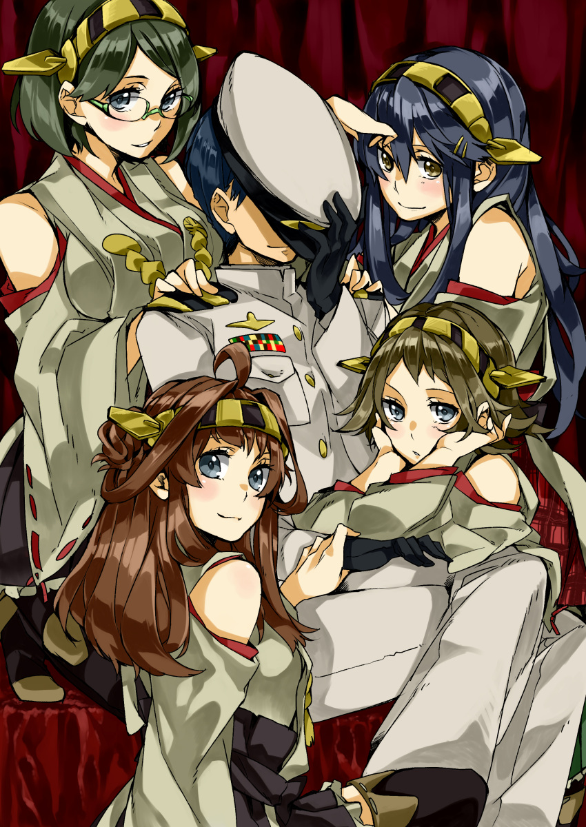 1boy 4girls abeshi absurdres admiral_(kantai_collection) ahoge black_eyes black_hair blue_eyes blue_hair braid brown_hair covering_face detached_sleeves glasses gloves green_hair hair_ornament hairband hairclip haruna_(kantai_collection) hat hiei_(kantai_collection) highres japanese_clothes kantai_collection kirishima_(kantai_collection) kongou_(kantai_collection) multiple_girls naval_uniform personification siblings sisters sitting smile thighhighs yellow_eyes