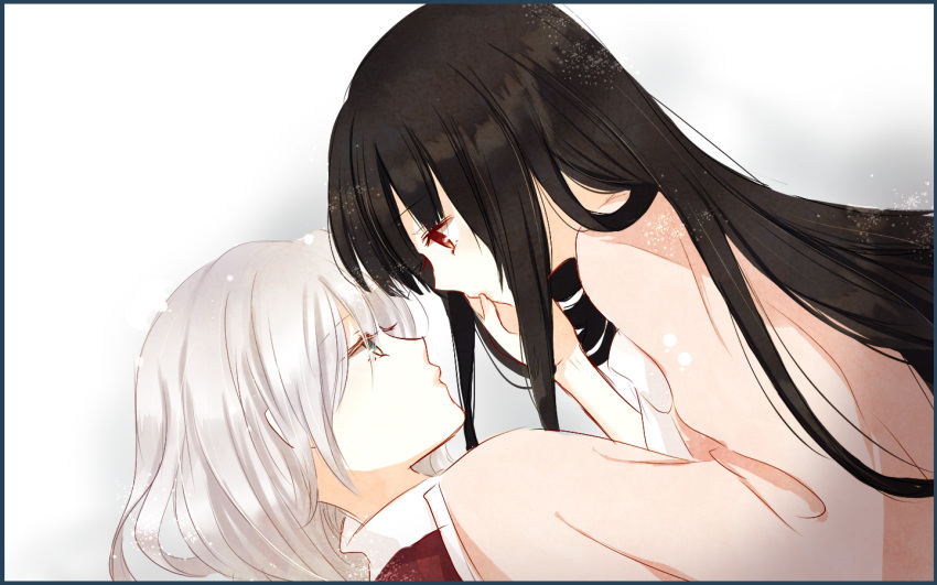 2girls black_hair green_eyes hand_on_another's_face houraisan_kaguya lips long_hair long_sleeves looking_at_another lying multiple_girls on_back profile red_eyes silver_hair simple_background sui_(camellia) touhou white_background wide_sleeves yagokoro_eirin yuri