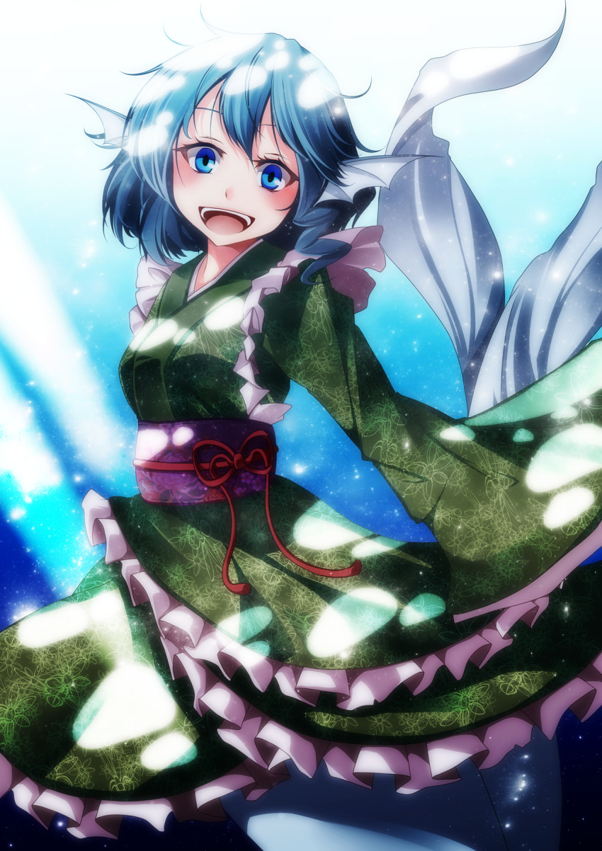 1girl blue_eyes blue_hair floral_print head_fins highres japanese_clothes kimono long_sleeves looking_at_viewer mermaid monster_girl obi open_mouth s-syogo smile solo touhou wakasagihime wide_sleeves