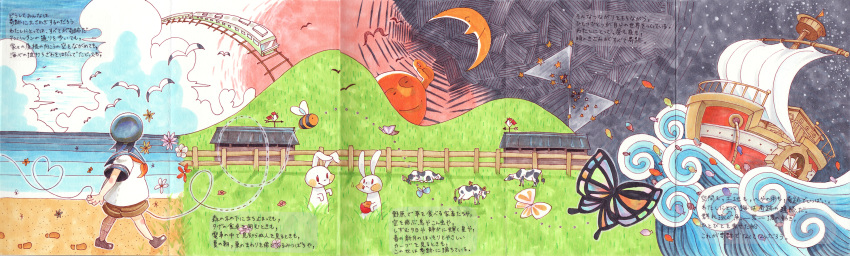 1boy beach bee butterfly cow hat highres ikeda_yuu moon ocean original poem rabbit sailor_hat ship sun traditional_media train translated walt_whitman