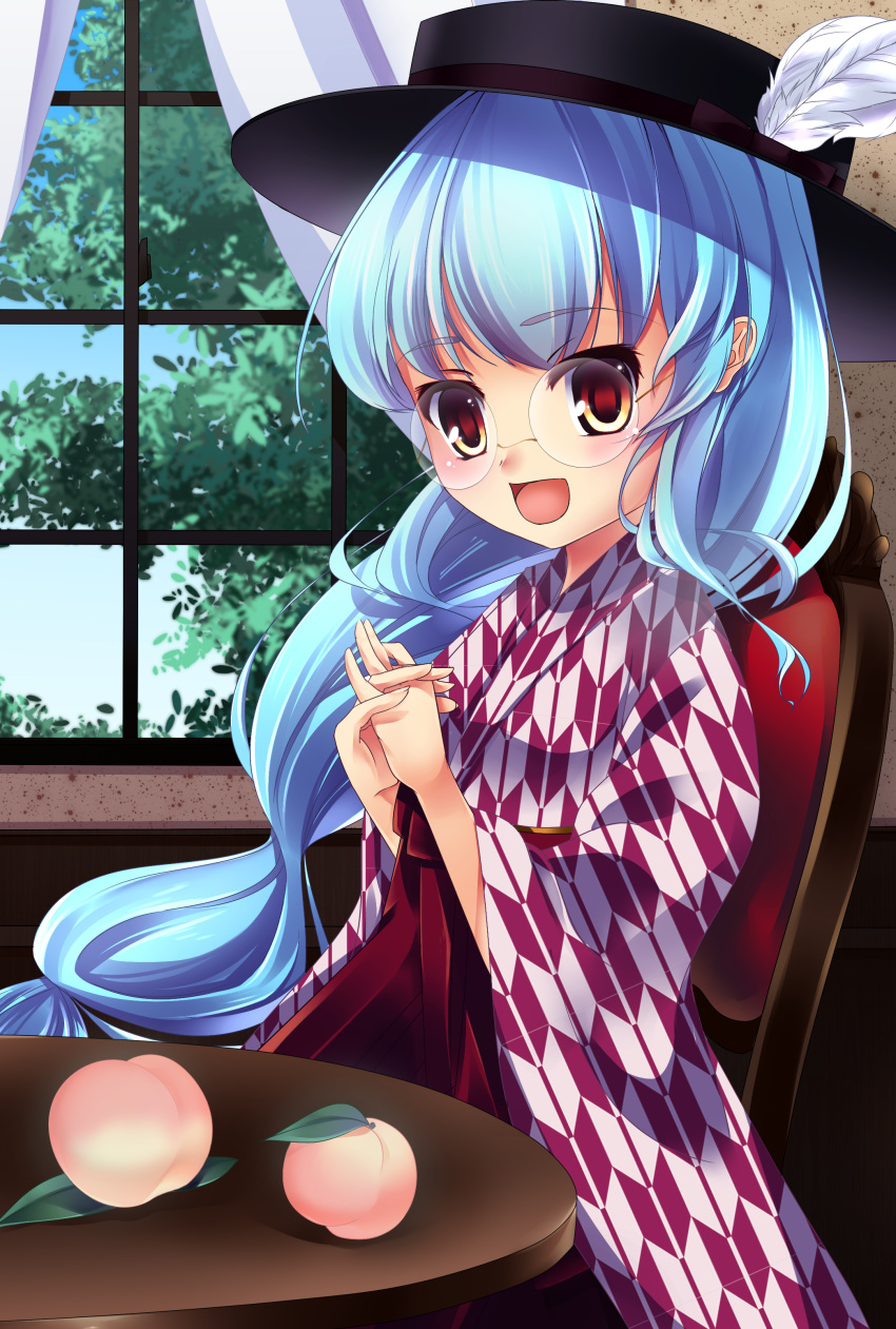 1girl absurdres alternate_costume bespectacled blue_hair blue_sky chair curtains food fruit glasses hands_together hat hat_feather hat_ribbon highres hinanawi_tenshi indoors interlocked_fingers japanese_clothes kimono kuru2pantu leaf long_hair looking_at_viewer low-tied_long_hair open_mouth peach red_eyes ribbon rimless_glasses sky solo table touhou tree very_long_hair window yagasuri
