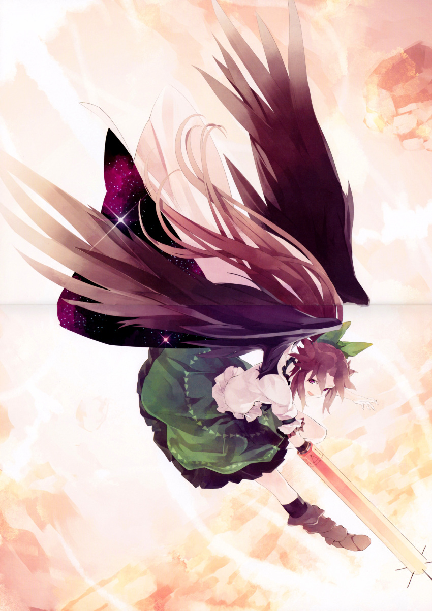 1girl absurdres arm_cannon black_legwear black_wings bow brown_eyes brown_hair cannon crease feathered_wings frilled_skirt frills hair_ribbon highres long_hair looking_back open_mouth puffy_sleeves reiuji_utsuho ribbon scan shihou_(g-o-s) shirt shoes short_sleeves skirt smile socks solo touhou weapon white_shirt wings