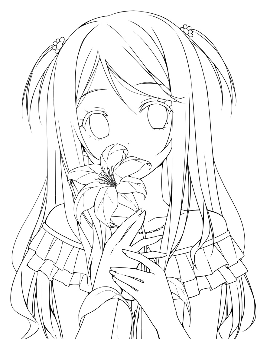 1girl bare_shoulders covering_mouth flower frills hair_ornament highres holding holding_flower jewelry kurumi_(kantoku) leaf lily_(flower) lineart long_hair looking_at_viewer monochrome necklace original sky_(freedom) solo two_side_up