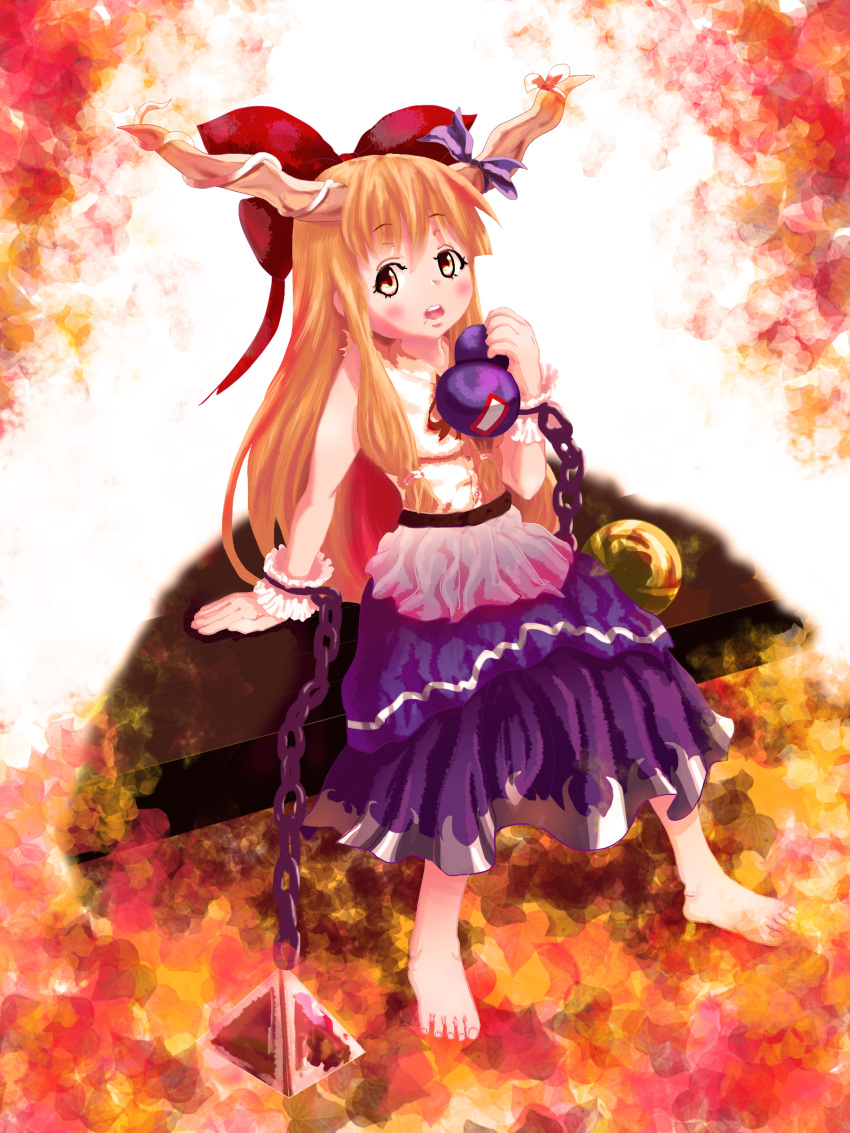 1girl absurdres arm_support barefoot belt bench blush bow chain cuffs drooling gourd hair_bow highres horn_ribbon horns ibuki_suika leaning long_hair looking_at_viewer manacles multicolored_background open_mouth orange_hair pyramid red_eyes ribbon sitting skirt sleeveless sleeveless_shirt solo sphere tawasi_(nanto5910ken) touhou very_long_hair wrist_cuffs