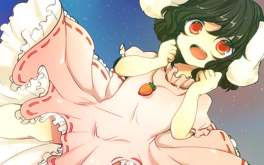 1girl animal_ears black_hair carrot dress dutch_angle frills happy inaba_tewi jewelry kiguchiko necklace open_mouth pink_dress puffy_sleeves rabbit_ears red_eyes short_hair short_sleeves smile solo touhou