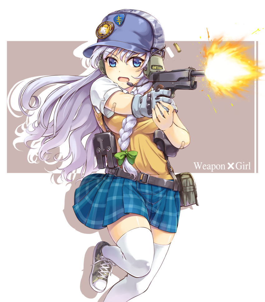 1girl badge bandaid baseball_cap blue_eyes bow braid casing_ejection firing gun hair_bow handgun hat headset highres lavender_hair long_hair muzzle_flash open_mouth original pistol plaid plaid_skirt school_uniform shell_casing shoes single_braid single_glove skirt sneakers solo themare thighhighs weapon