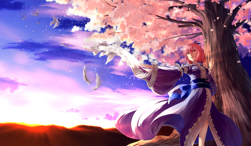 1girl bird blue_dress blue_skin cherry_blossoms clouds dress ibuki_notsu long_sleeves no_hat outstretched_arm outstretched_hand petals pigeon pink_eyes pink_hair saigyouji_yuyuko sash solo sunset touhou tree wide_sleeves wind