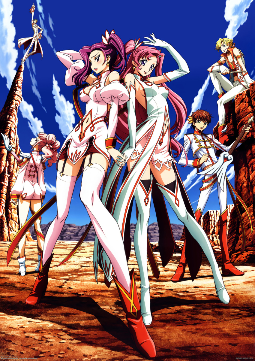 3boys 3girls absurdres alternate_costume alternate_hairstyle anya_alstreim blonde_hair blue_eyes blue_hair boots breasts brown_hair cleavage cleavage_cutout code_geass cornelia_li_britannia cyborg detached_sleeves dress drumsticks euphemia_li_britannia garter_straps gino_weinberg gloves green_eyes guitar highres holding_hands huge_filesize instrument jeremiah_gottwald kimura_takahiro kururugi_suzaku lipstick long_hair makeup multiple_boys multiple_girls navel_cutout official_art pink_hair puffy_sleeves purple_hair ribbon short_hair short_twintails siblings sideboob sisters skirt thigh_boots thighhighs twintails very_long_hair violet_eyes white_legwear