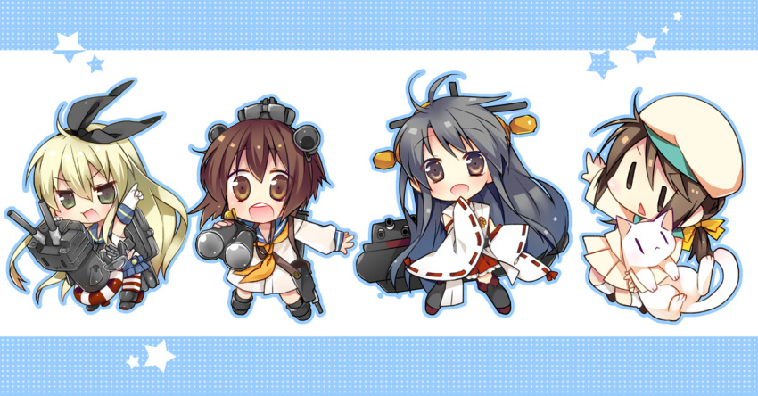 4girls :&lt; :3 anchor binoculars black_hair blonde_hair brown_eyes brown_hair cat chibi detached_sleeves error_musume girl_holding_a_cat_(kantai_collection) green_eyes hair_ornament hair_ribbon hairband haruna_(kantai_collection) hat headgear innertube japanese_clothes kantai_collection machinery miko multiple_girls open_mouth personification rensouhou-chan ribbon sailor_dress shimakaze_(kantai_collection) striped striped_legwear thigh-highs triangle_mouth turret twintails ume_(pickled_plum) wide_sleeves yukikaze_(kantai_collection)