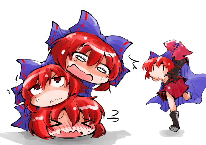 &gt;_&lt; 1girl :&lt; bow cape hair_bow headless open_mouth red_eyes redhead sekibanki severed_head shinapuu shirt simple_background skirt solo stacking touhou wavy_mouth white_background |_|