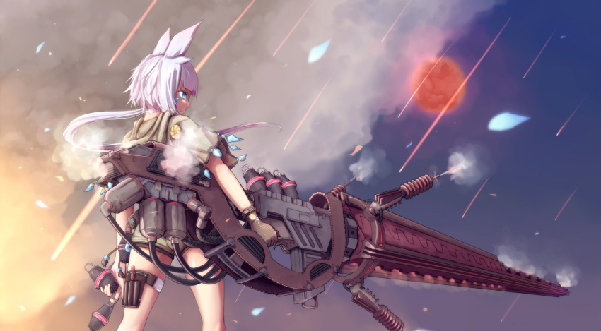 1girl blue_eyes dararito facial_mark gloves highres hoodie huge_weapon lavender_hair original ponytail science_fiction short_hair shorts steam thigh_strap weapon