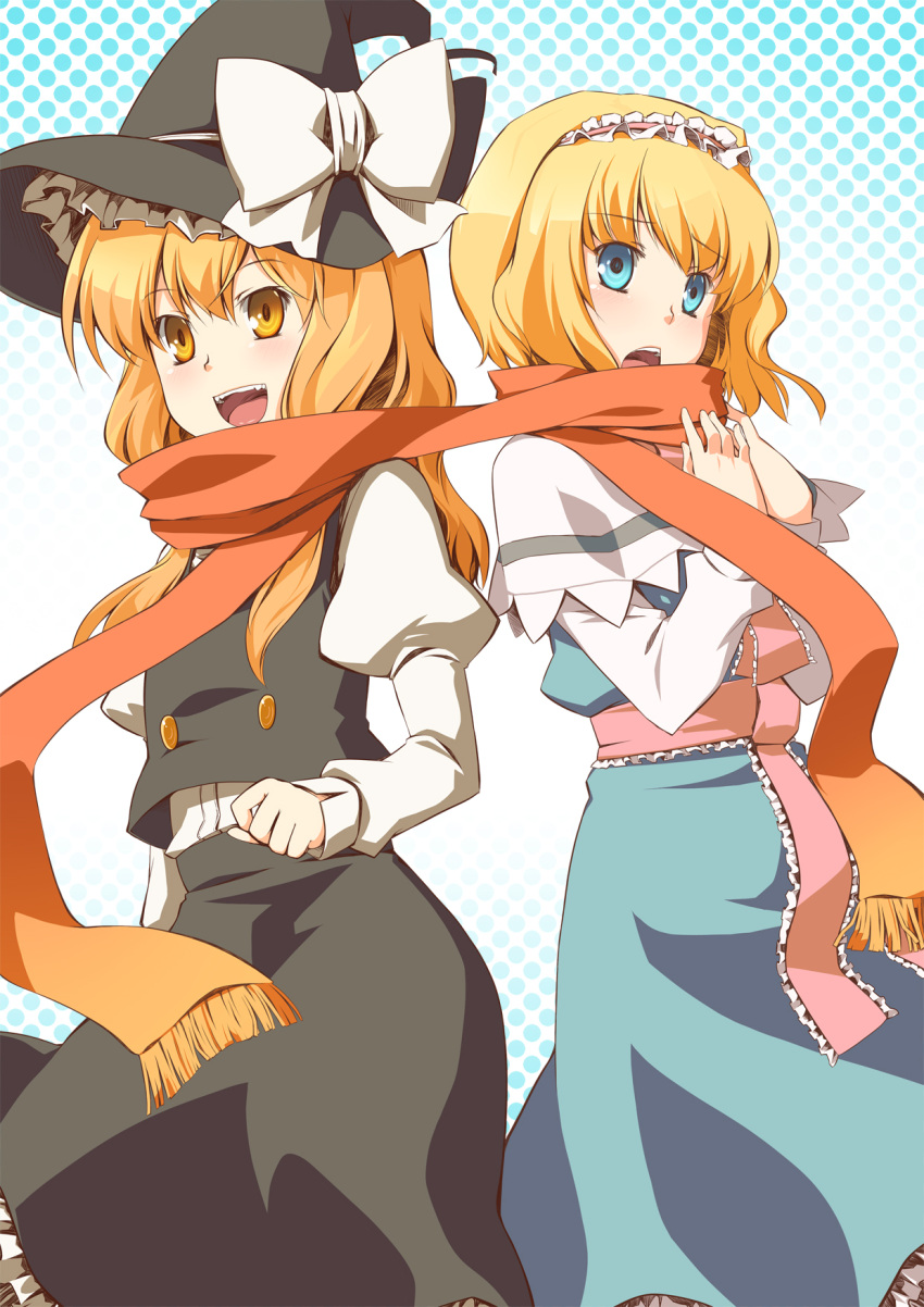 alice_margatroid blonde_hair blue_eyes buttons dress hairband hat highres kirisame_marisa luliao multiple_girls open_mouth scarf shared_scarf touhou witch_hat yellow_eyes