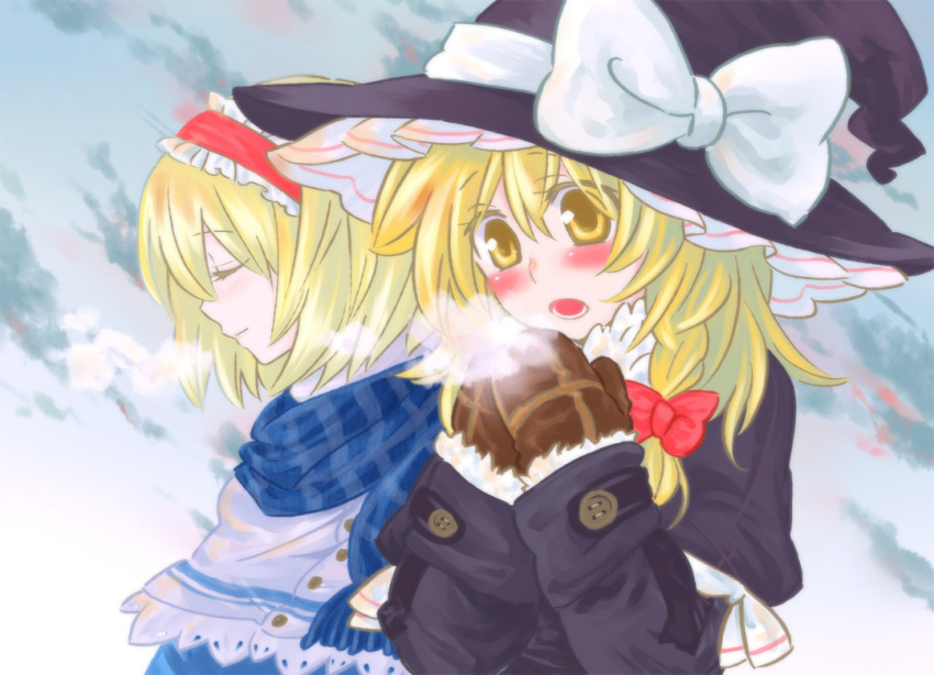 2girls alice_margatroid bad_id blonde_hair bow cold hair_bow hairband hat kirisame_marisa mittens multiple_girls myama scarf short_hair touhou witch_hat yellow_eyes