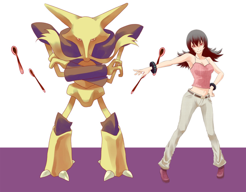 1girl alakazam bare_shoulders black_hair bracelet camisole gym_leader hand_on_hip jewelry kakage midriff natsume_(pokemon) natsume_(pokemon)_(hgss) pokemon pokemon_(creature) pokemon_(game) pokemon_gsc red_eyes spoon