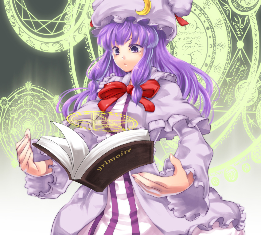 book bowtie capelet colored_eyelashes floating_object grimoire hands hat highres long_hair looking_down magic_circle open_book patchouli_knowledge purple_eyes purple_hair ribbon stare sukocchi touhou violet_eyes