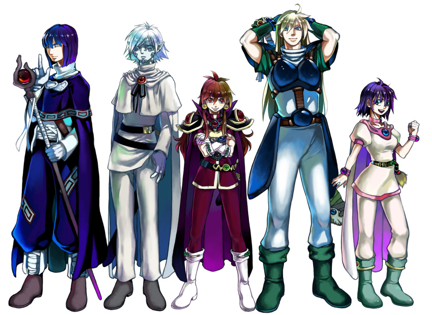 armor bandages belt blonde_hair blue_eyes blue_hair boots bracelet cape clenched_hand closed_eyes crossed_arms earrings facial_mark gloves gourry_gabriev height_difference jewelry lina_inverse lineup long_hair pointy_ears purple_hair red_eyes red_hair short_hair slayers slayers_next smile staff white_background white_hair xelloss zelgadiss_graywords