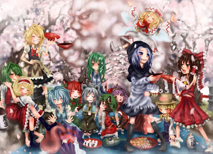 animal_ears barefoot blonde_hair blue_eyes blush bottle bow braid brown_eyes brown_hair cat_ears cat_tail chen cherry_blossoms clothes_writing cup detached_sleeves dress drunk earrings eyes fairy_wings food frog green_eyes green_hair grin hair_bow hairband hakurei_reimu hanami hat highres hood japanese_clothes jewelry kaenbyou_rin karakasa_obake kazami_yuuka kirisame_marisa kneehighs kochiya_sanae kumoi_ichirin lily_white long_hair miko moriya_suwako mouse_ears nazrin onigiri plaid plaid_skirt plaid_vest plate pocky purple_hair red_eyes red_hair ribbon run_(artist) sakazuki sake shaded_face short_hair skirt skirt_set smile tail tatara_kogasa tongue touhou umbrella unzan wings wink yasaka_kanako