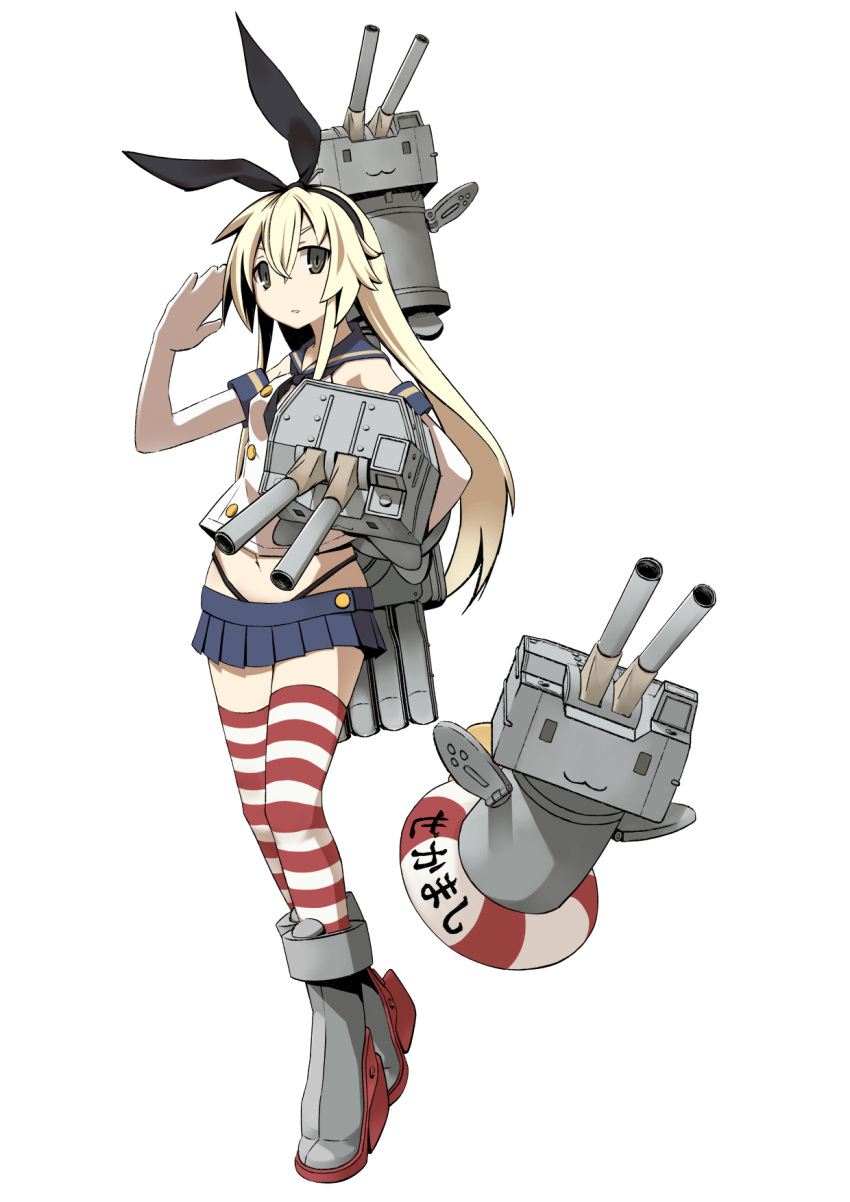 1girl :3 blonde_hair boots brown_eyes elbow_gloves gloves hairband highres kantai_collection long_hair looking_at_viewer navel rensouhou-chan shikimi_kimitake shimakaze_(kantai_collection) simple_background skirt striped striped_legwear thighhighs white_background