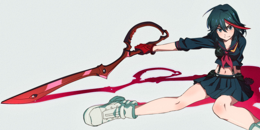 1girl arm_support black_hair blue_eyes gloves highres kill_la_kill matoi_ryuuko midriff school_uniform serafuku shikawa11 shoes short_hair skirt smile sneakers solo suspenders sword weapon