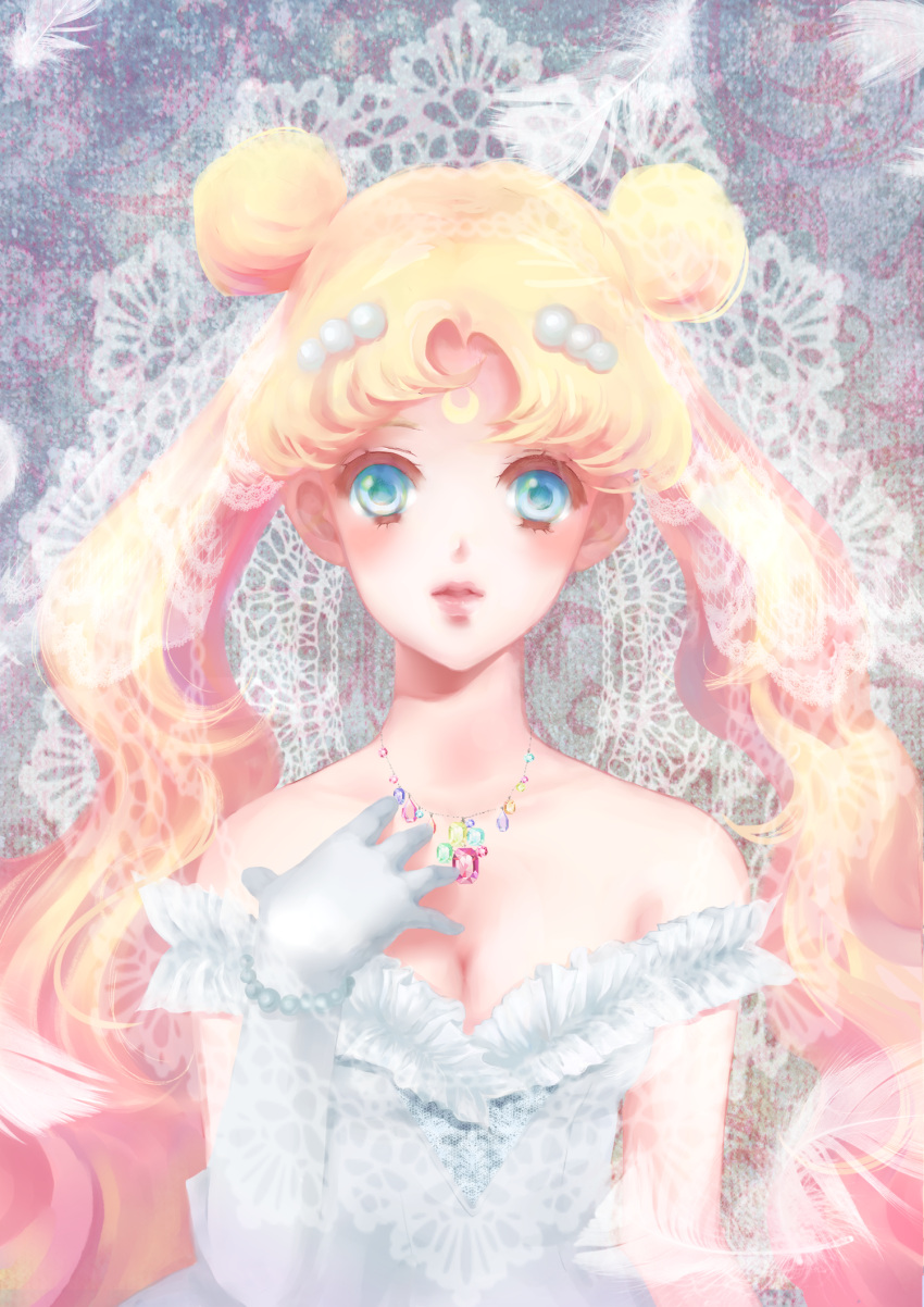1girl bare_shoulders bishoujo_senshi_sailor_moon blue_eyes bracelet bust doily double_bun dress facial_mark feathers forehead_mark gem gloves hair_bun hair_ornament hairclip highres jewelry lace lips long_hair looking_at_viewer megumi_choco necklace parted_lips pearl princess_serenity shoulderless_dress solo tsukino_usagi twintails white_dress white_gloves