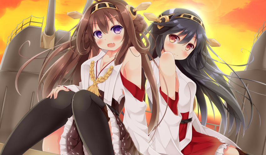 2girls absurdres bare_shoulders black_hair black_legwear breasts brown_hair cleavage detached_sleeves hairband haruna_(kantai_collection) headgear highres japanese_clothes kantai_collection kongou_(kantai_collection) koushuu_aki long_hair looking_at_viewer multiple_girls open_mouth personification thighhighs