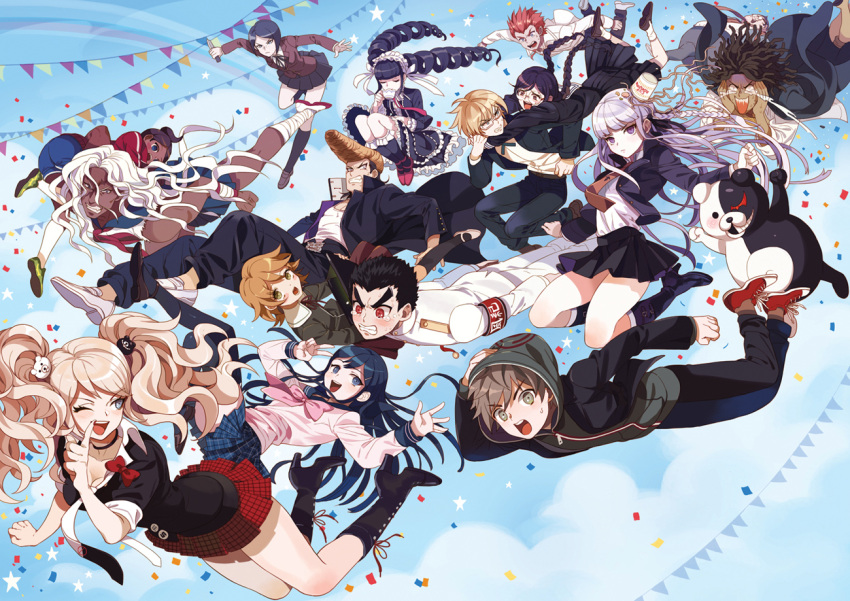 apple972 armband asahina_aoi black_hair blue_eyes blue_hair braid brown_eyes brown_hair celestia_rudenberk dangan_ronpa dark_skin dreadlocks enoshima_junko everyone food fujisaki_chihiro fukawa_touko glasses hoodie ikusaba_mukuro ishimaru_kiyotaka jacket kirigiri_kyouko kuwata_reon long_hair maizono_sayaka monokuma naegi_makoto necktie noodles oogami_sakura oowada_mondo pink_hair purple_hair ramen red_eyes redhead school_uniform sky smile spoilers tears togami_byakuya twin_braids twintails uniform white_hair wink yamada_hifumi