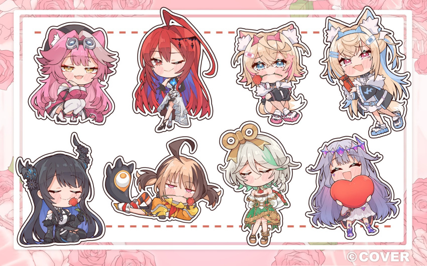 6+girls ahoge animal_ear_fluff animal_ears asymmetrical_horns black_hair black_horns blonde_hair blue_eyes blue_fire blue_hair box breasts cecilia_immergreen chibi colored_inner_hair commentary demon_horns dog_ears dog_girl doll_joints elizabeth_rose_bloodflame english_commentary fire flower fuwawa_abyssgard gigi_murin green_hair hair_ornament heart-shaped_box highres hololive hololive_english horns joints koseki_bijou kukie-nyan large_breasts long_hair mococo_abyssgard mole mole_under_eye mouth_hold multicolored_hair multiple_girls nerissa_ravencroft panther_ears panther_girl pink_hair raora_panthera red_eyes red_flower red_hair red_rose rose siblings streaked_hair uneven_horns very_long_hair virtual_youtuber winding_key