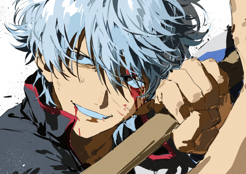 1boy 333takoyaki absurdres blood bokken commentary_request gintama hadanugi_dousa highres japanese_clothes kimono male_focus open_clothes open_kimono sakata_gintoki smile solo sword sword_writing weapon white_hair white_kimono wooden_sword