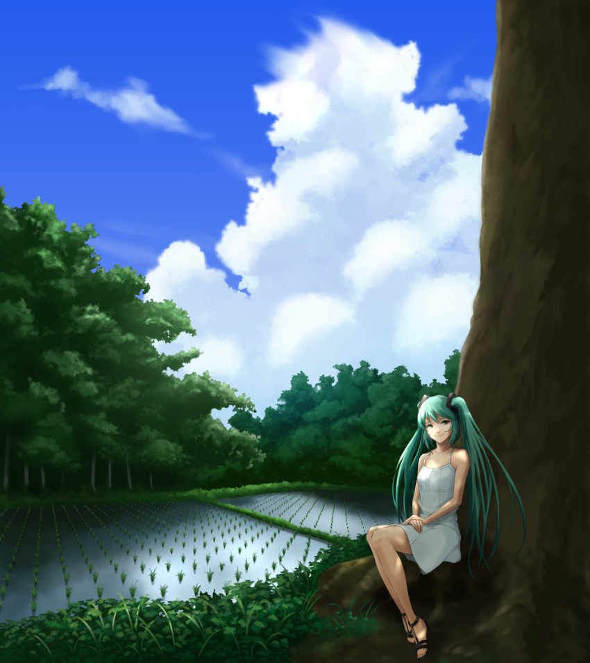 1girl clouds din_(raiden) dress green_eyes green_hair hatsune_miku highres long_hair rice_paddy sitting sky smile solo tree twintails vocaloid