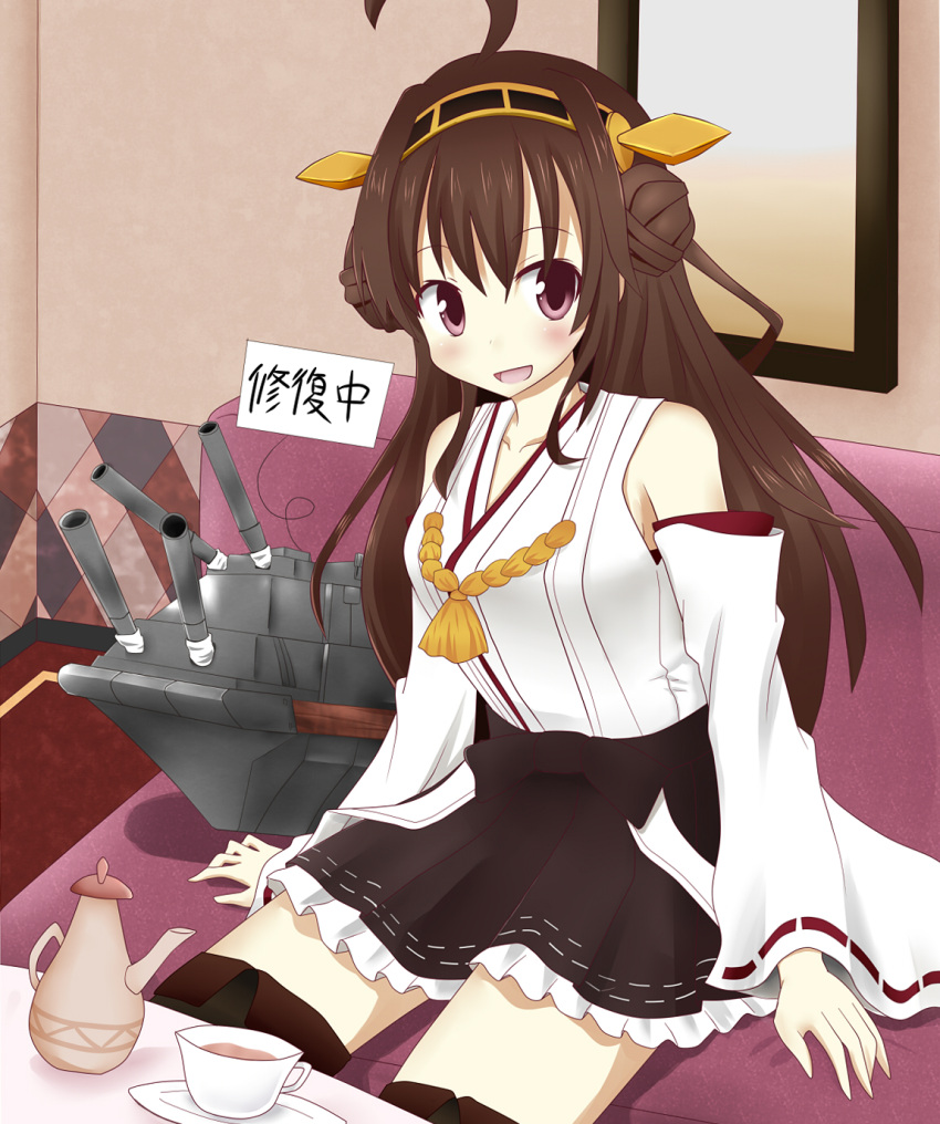 1girl bare_shoulders black_legwear blush boots brown_eyes brown_hair cannon detached_sleeves double_bun hachimi hair_ornament hairband headgear highres japanese_clothes kantai_collection kongou_(kantai_collection) long_hair miko personification pleated_skirt skirt smile solo thigh_boots thighhighs turret zettai_ryouiki