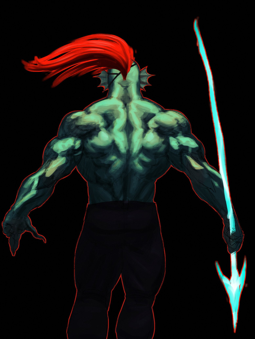 1girl back bare_back black_background colored_skin fins from_behind head_fins highres holding holding_weapon long_hair monster_girl muscular muscular_female outofuniform510 pants polearm ponytail red_hair simple_background solo spear topless_female undertale undyne utdr_(toby_fox) weapon