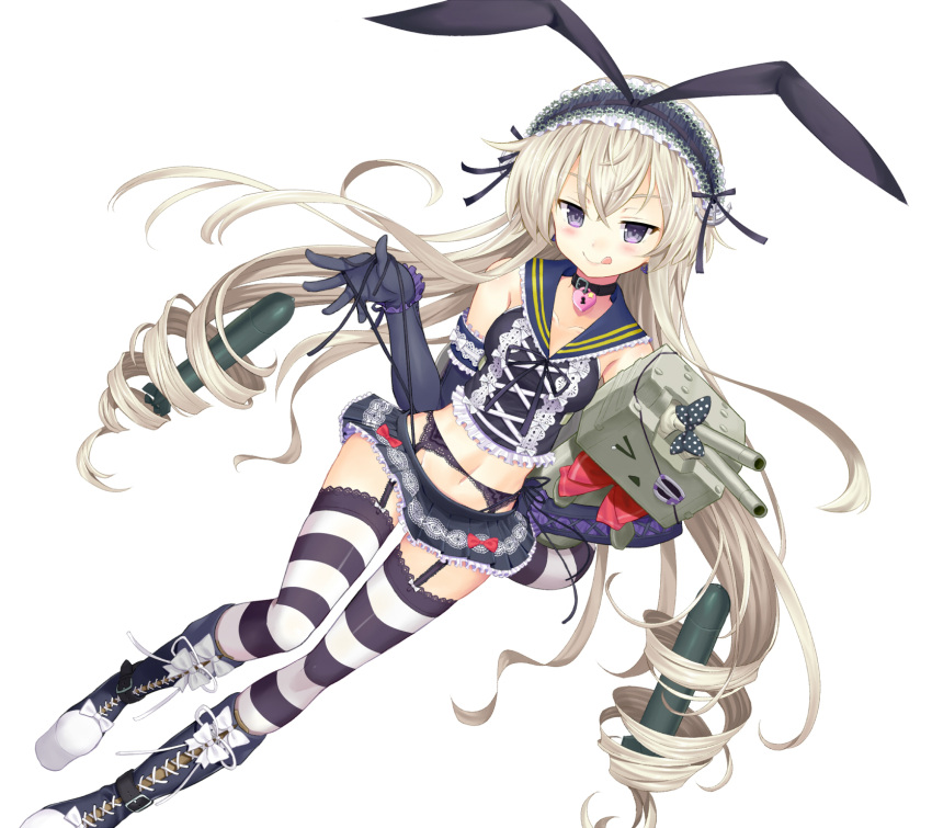 1girl :q adapted_costume black_gloves black_panties blonde_hair blush boots choker corset cross-laced_footwear drill_hair elbow_gloves erokosei frills garter_belt garter_straps gloves hairband heart highres kantai_collection lace lace-trimmed_thighhighs lace-up_boots lock long_hair looking_at_viewer navel panties personification rensouhou-chan shimakaze_(kantai_collection) simple_background skirt solo striped striped_legwear thighhighs tongue torpedo underwear violet_eyes white_background zettai_ryouiki