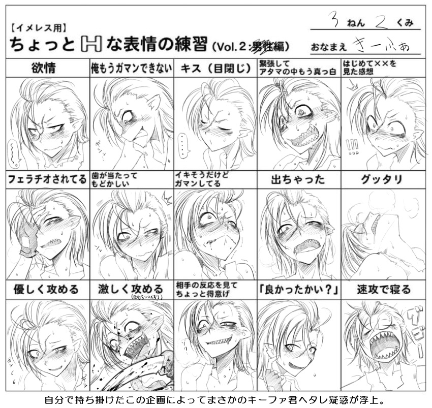 !! ... /\/\/\ 1girl :&lt; :d @_@ blood blush breathing closed_eyes expressions fingerless_gloves gloves grin hand_on_own_face hetza_(hellshock) licking_lips monochrome monster_girl nagai_gojitsudan_no_nechronica nose_bubble open_mouth pointy_ears raised_eyebrow saliva scar scratching sharp_teeth short_hair simple_background smile sweat tongue white_background