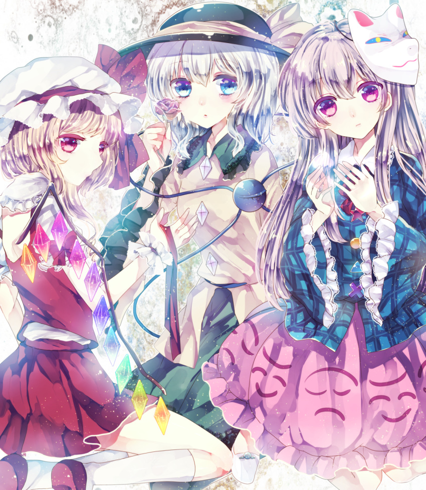 3girls blonde_hair blue_eyes bow expressionless face_mask flower fox_mask ginzuki_ringo hat hat_ribbon hata_no_kokoro highres long_hair long_sleeves looking_at_viewer mask mob_cap multiple_girls pink_eyes pink_hair pink_rose puffy_sleeves ribbon rose shirt short_sleeves silver_hair skirt third_eye touhou very_long_hair vest wide_sleeves wings wrist_cuffs