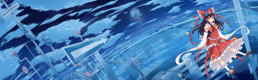 1girl album_cover ascot bare_shoulders black_hair bow city clouds cover detail flower full_moon gamuo hair_bow hair_flower hair_ornament hair_tubes hakurei_reimu highres long_sleeves looking_at_viewer moon night partially_submerged red_eyes reflection road_sign shirt sign skirt skirt_set sky solo star_(sky) starry_sky touhou wide_sleeves