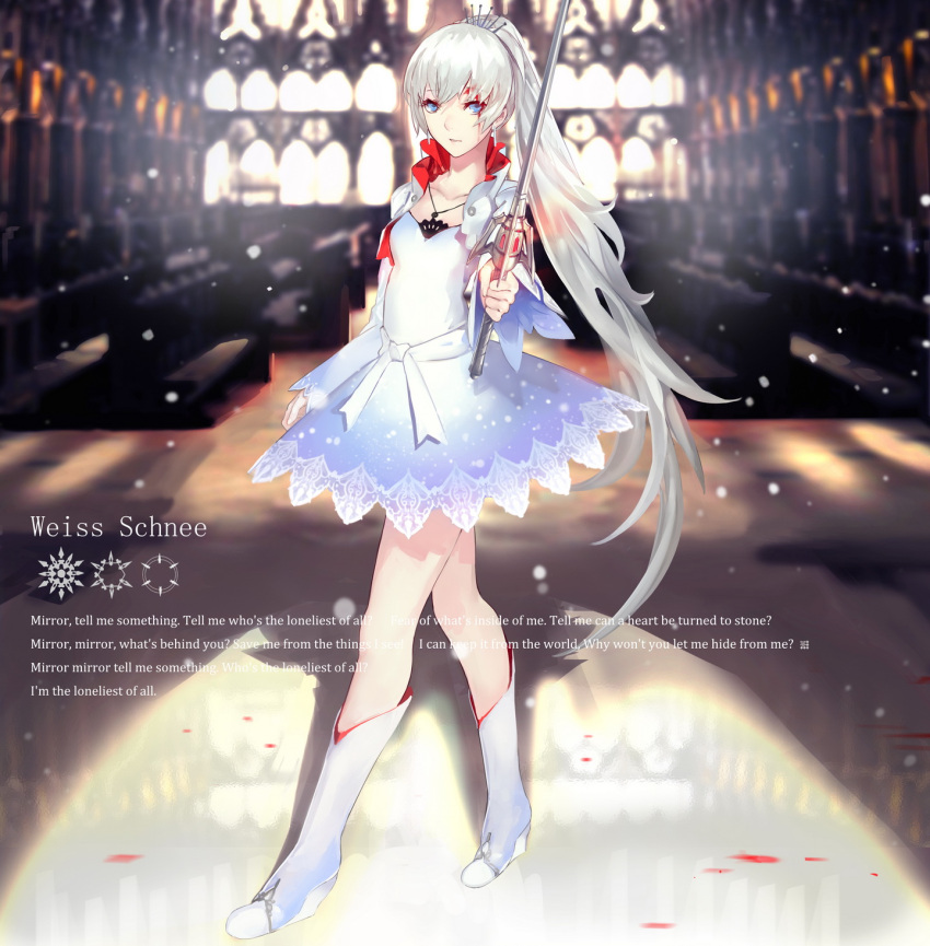 1girl blood blood_on_face blue_eyes boots dress english highres indoors jewelry kiwamu long_hair necklace ponytail rapier rwby skirt snow snowflakes solo sword tiara very_long_hair weapon weiss_schnee white_hair
